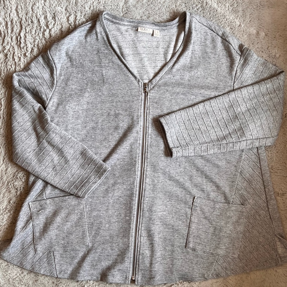 LOGO by Lori Goldstein Raised Stripe Sweater Knit Cardigan, Heather Grey
